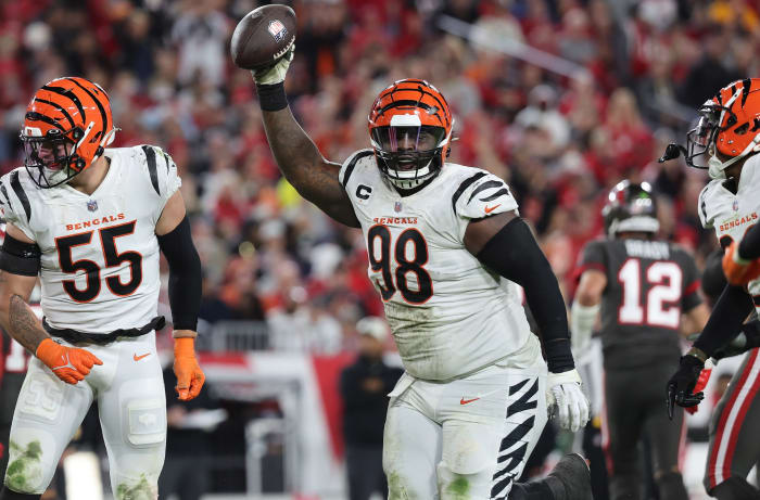 Dec 18, 2022; Tampa, Florida, USA; Cincinnati Bengals defensive tackle DJ Reader (98) celebrates after he recovered the fumble against the Tampa Bay Buccaneers during the second half at Raymond James Stadium. Mandatory Credit: Kim Klement-USA TODAY Sports